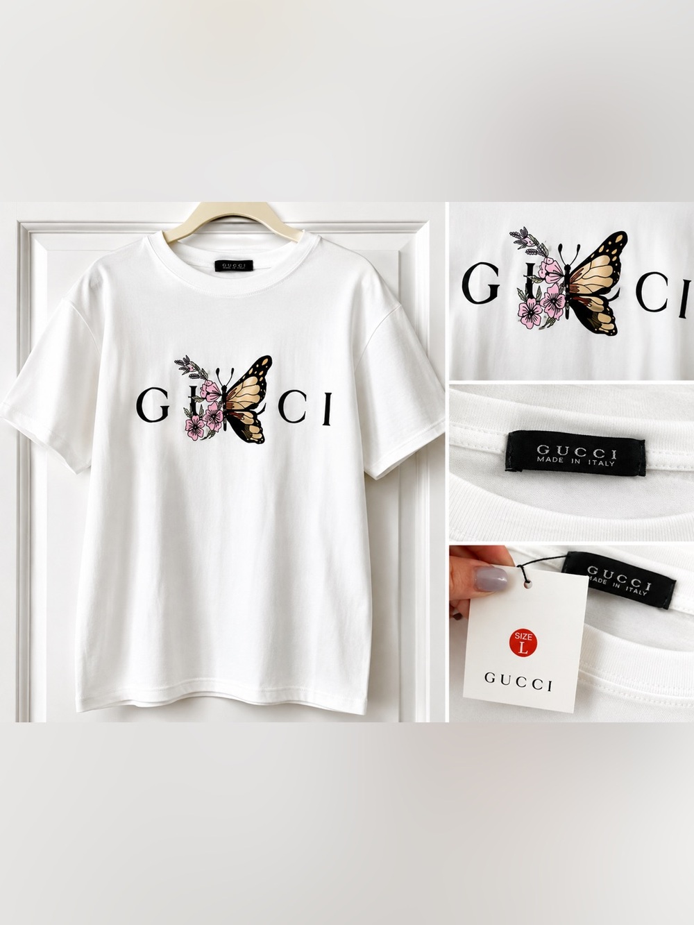 White Short-Sleeve Tee with Butterfly Floral Logo